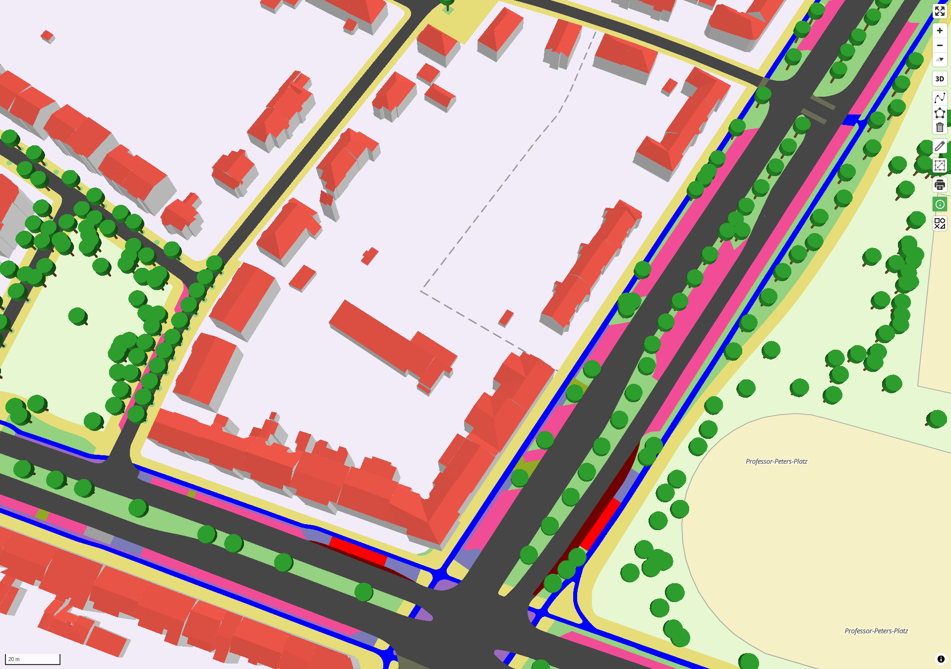 Es ist ein Screenshot zu sehen, der den Bereich Westring / Eckernförder Straße / Geibelplatz in Kiel zeigt. Bei den Straßen sind die verschiedenen Typen des Straßenraums (Gehweg, Radweg, Fahrbahn etc.) farblich hervorgehoben. Die Gebäude und Bäume sind in 3D.