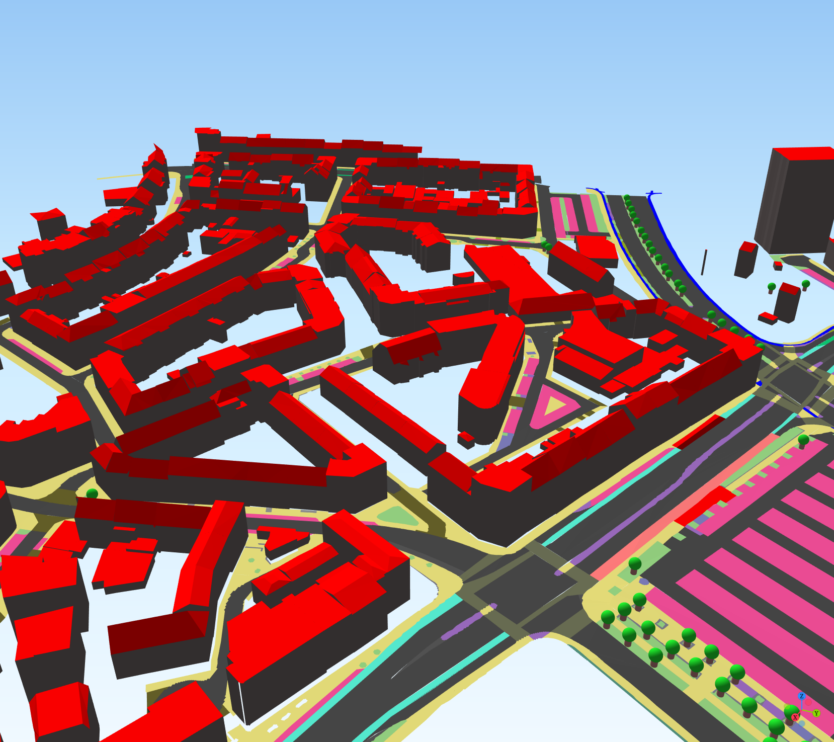 Zu sehen ist eine Visualisierung von Straßenzügen und Gebäuden. Die Gebäude haben graue Wände und rote Dächer, die Straßen sind bunt, entsprechend der Aufteilung des Straßenraums. Blick auf die das Viertel am Exerzierplatz in Kiel.